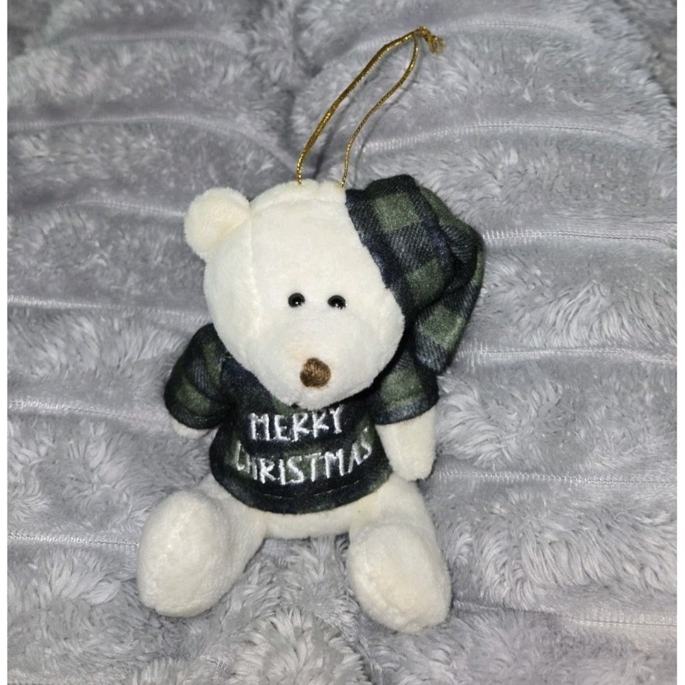 Teddy Bear Ornament "Merry Christmas" on his shirt.  Super cute, great condition